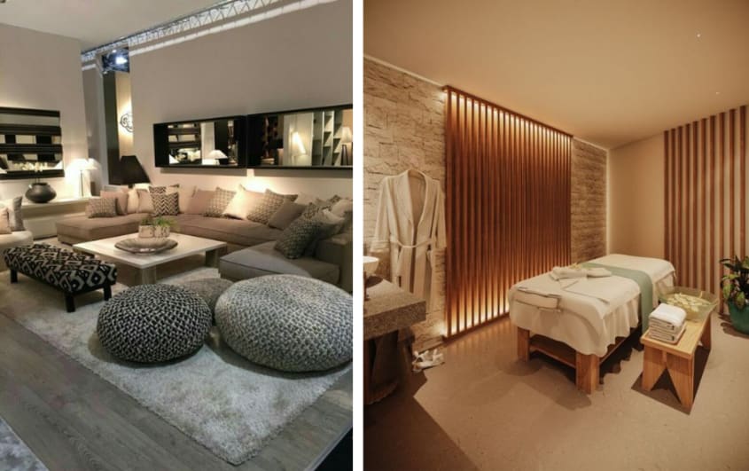 basement relaxation room with cozy living room and massage room