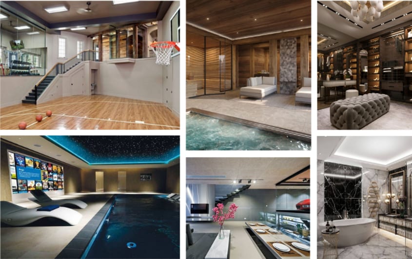 luxurious large basement with marble flooring and bright lights