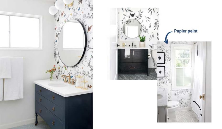 salle de bain économique avec papier peint plutot que céramique sur les murs