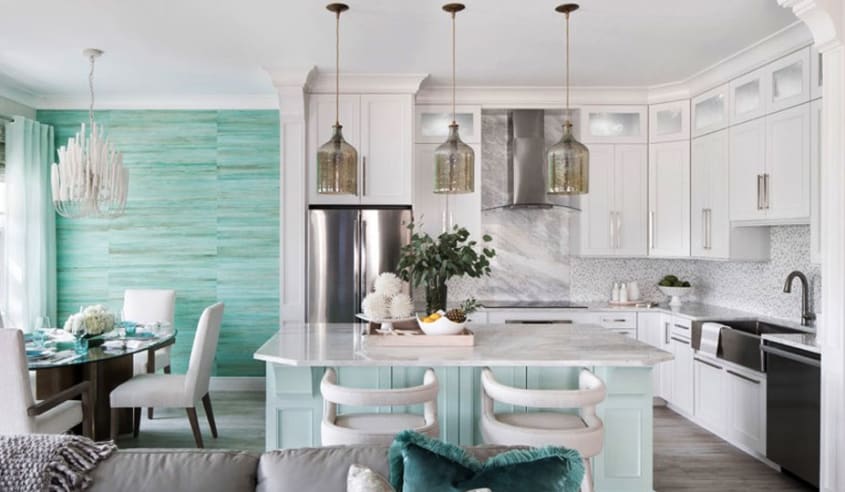 cuisine avec coin dejeuner avec mur turquoise
