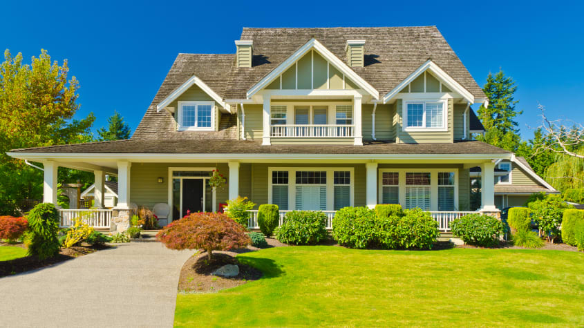 Luxurious three-gabled house, featuring damaged shingles roofing