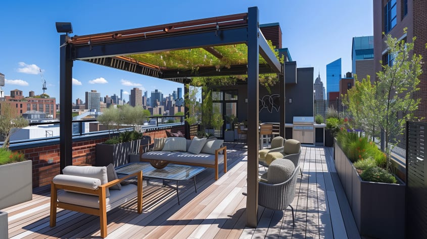 Toit terrasse luxueuse, mobilier confortable avec gros coussins, pergola à toit couvert de végétation