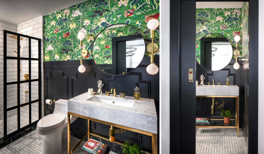 ecclectic-vintage-bathroom-with-bold-wallpaper