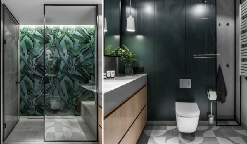 salle de bain avec murale feuilles de bananiers