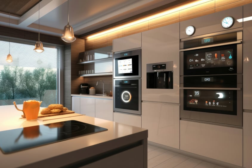 Cuisine équipée d'appareils électroménagers intelligents avec écran d'affichage et d'un four intelligent à commande vocale