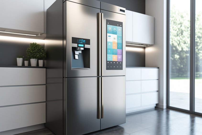 Cuisine moderne équipée d'un réfrigérateur avec un panneau de contrôle intégrée