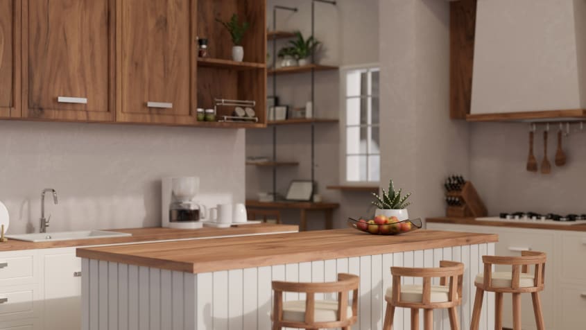 Cuisine scandinave avec îlot recouvert de lattes de bois blanches